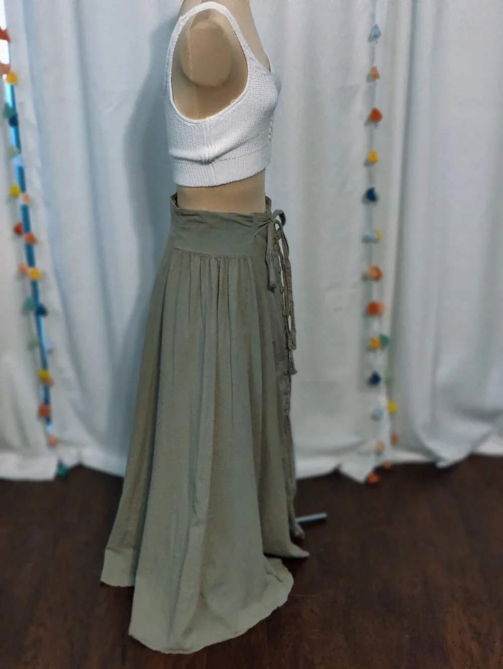 Luna Luz Vintage Cotton Maxi Skirt full button front Low Slung khaki/green SM - Picture 6 of 9
